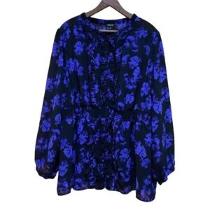 Torrid Black Blue‎ Floral Blouse Ruffle Placket Sz 5 Whimsigoth Witchy Victorian